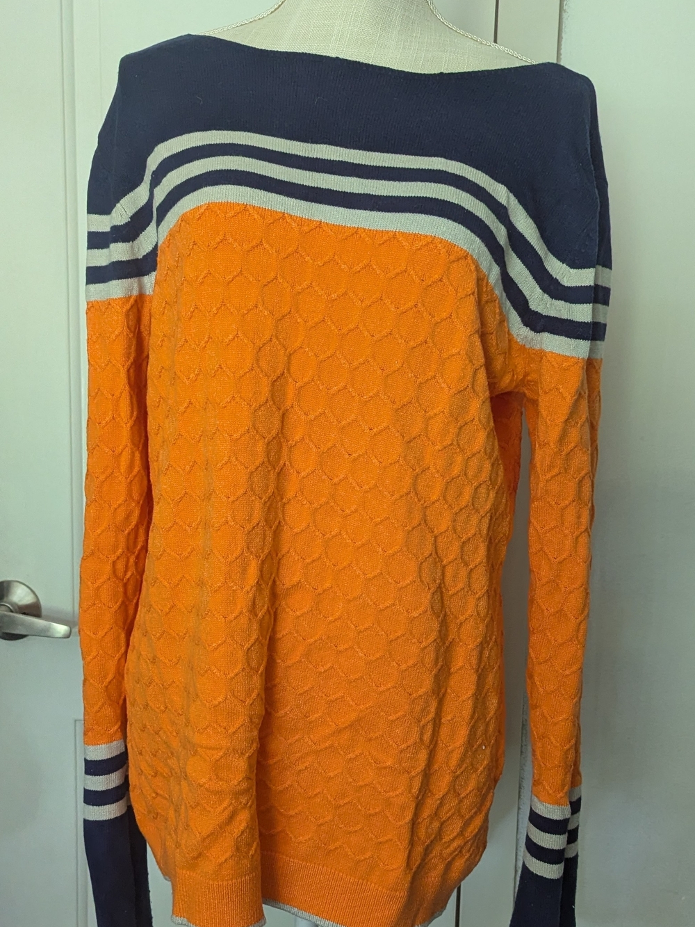 Source Unknown Navy and Orange Women's Striped Sweater